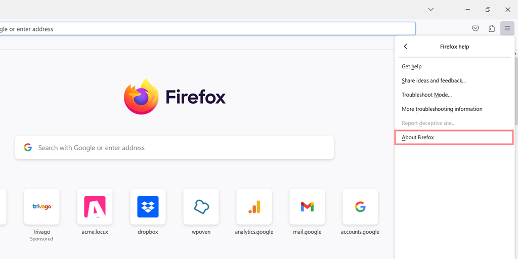 The “About Firefox” option in the browser menu