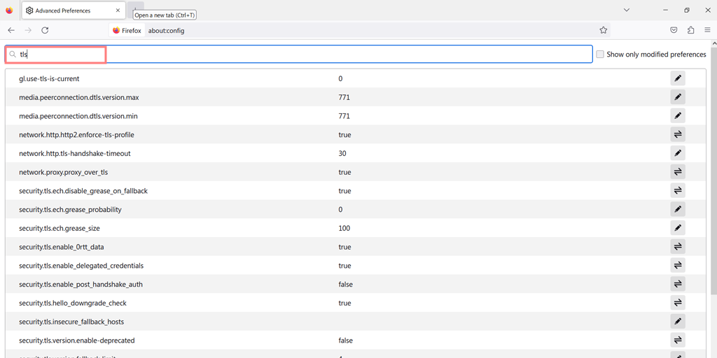 List of all TLS configurations in Firefox