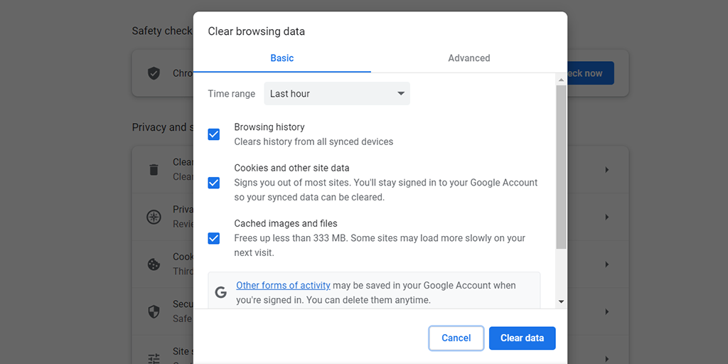 Clearing data in Google Chrome