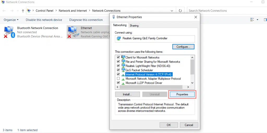 Network connection properties