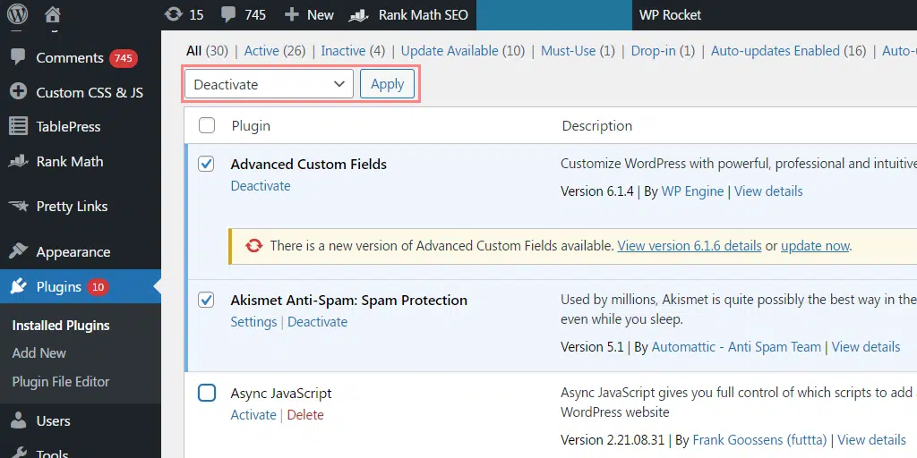 Deactivating WordPress Plugins that might be conflicting