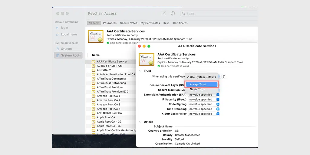 Select "always Trust" option in AAA Certificate Services