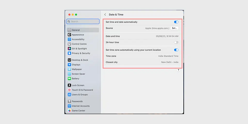 Date and Time settings on Mac
