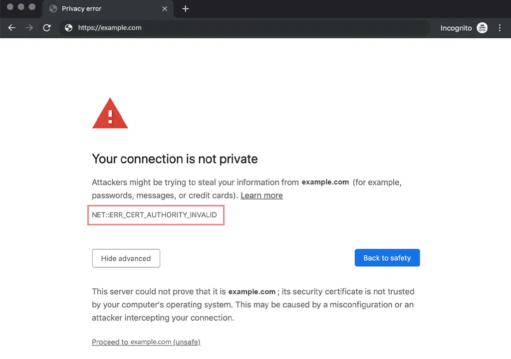 NET::ERR_CERT_AUTHORITY_INVALID Chrome