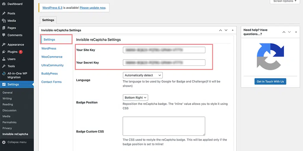 Paste the Site key and Secret key