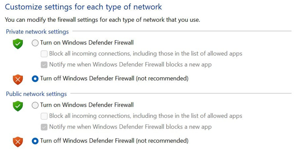 Turning off Windows Defender Firewall