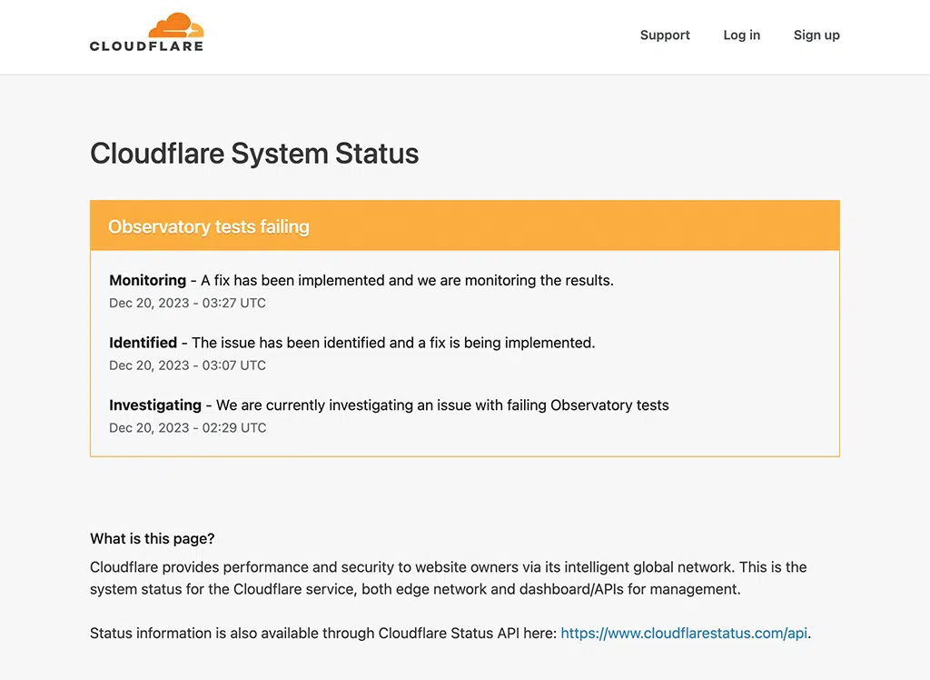 Clouflare server status page
