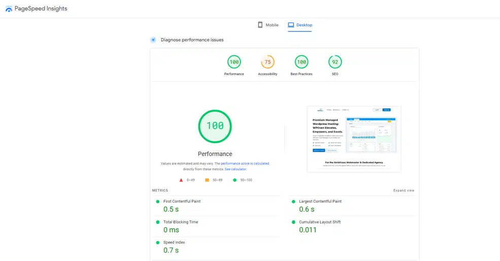 PageSpeed Insight Performance Results