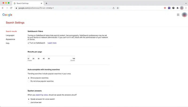 Blocking a website on Google Chrome using its Safe Search Feature