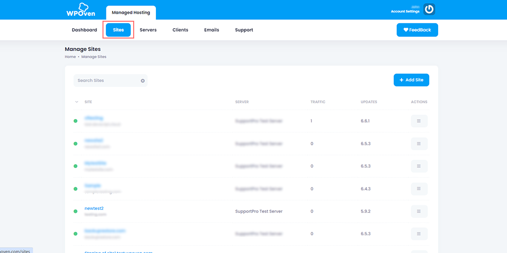 Sites Tab WPOven Dashboard
